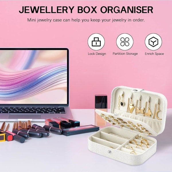 Smyckeskrin Litet Rese Smyckesförvaringslåda för Halsband Ringar Armband Högkvalitativ Imitation PU Läder Presentförpackning (Vit)