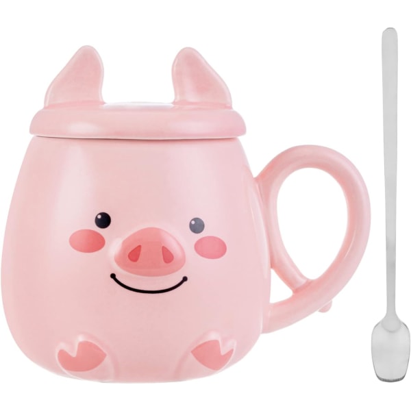 All-Pie Pig Mug Cute Ceramic Coffee Cup with lid and Spoon,Special Tea Cup Set Pink 500ml (4#)