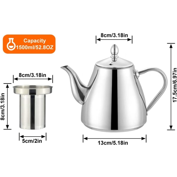 Rustfritt stål tekanne med infuser 52oz(1,5 liter) 5-6 kopper, god hell sølv tekanne med silfilter for å brygge løs tepose