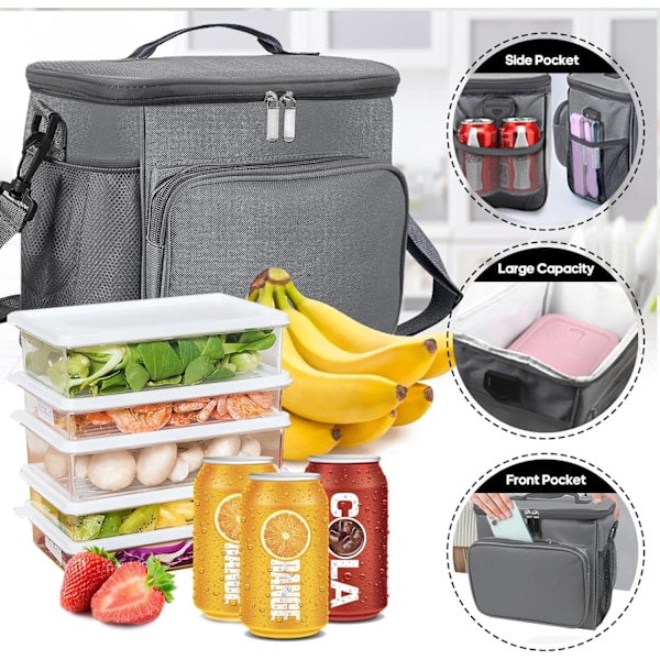 Lunch Bag Work Thermal Lunch Tote Bags Large Dual Compartment Food Bag för Män Barn Vuxna Damer Picknick Camping Skol Lunch Cooler Carrier Bags Gray