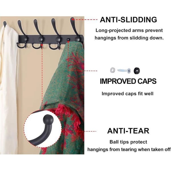 ®RisingFF Veggmontert knaggrekke med 5 trippelkroker, solid rustfritt stål, for kåper, hatter, håndklær, vesker