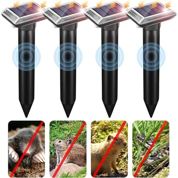 Solcellsdriven ultraljudsavvisare (4-pack): avvisar mullvadar, ormar, sorkar och kindpåsråttor; effektivt trädgårdsskydd.