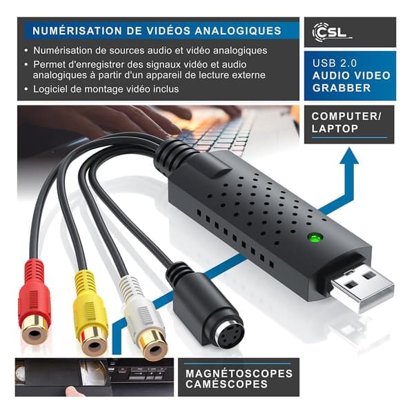 Lyd- og videoopptaksboks, lyd- og videokonverterer USB 2.0, VHS-opptaker, ny versjon, ny programvare kompatibel med Windows 11 10