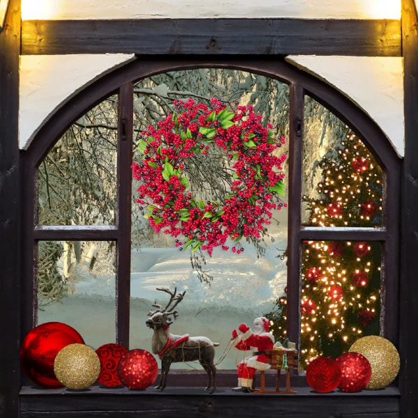 18 tommers julerøde bærkrans, kunstig julebærkrans Naturtro kristtorn vinterbærkrans til juledekorasjon i hjemmet