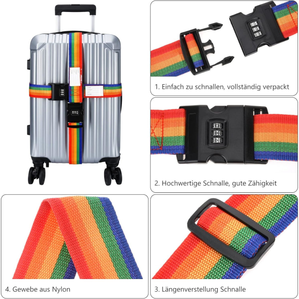 2 pakke bagagestropper, kuffertbælter Brede justerbare lynspænde pakkestropper med adgangskodelås til rejsetilbehør (farverig)