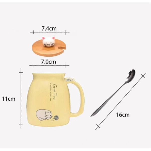 Kattekrus Sød Keramisk Killing Kaffekop med Dejligt Kitty Låg Rustfri Stål Ske til Kaffe Te Mælk 380ML Te Mælk Julekrus til Kvinder (Gul)