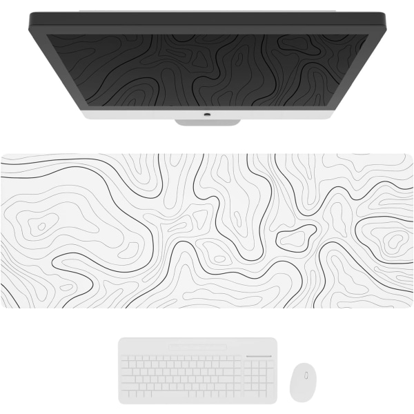 Stor spillmusematte med sydde kanter, minimalistisk topografisk kartbordmatte, utvidet XL musematte med anti-skli base, 31,5 x 11,8 tommer, hvit