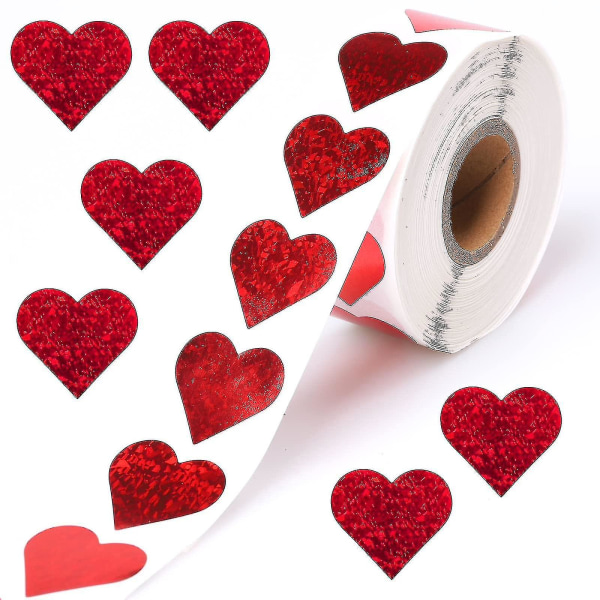 500 st 1" holografiska röda hjärtklistermärken Rulle, glitter små hjärtan klistermärke för barn, användning för alla hjärtans dag kärleksdekorationer, prislistor, klippbok
