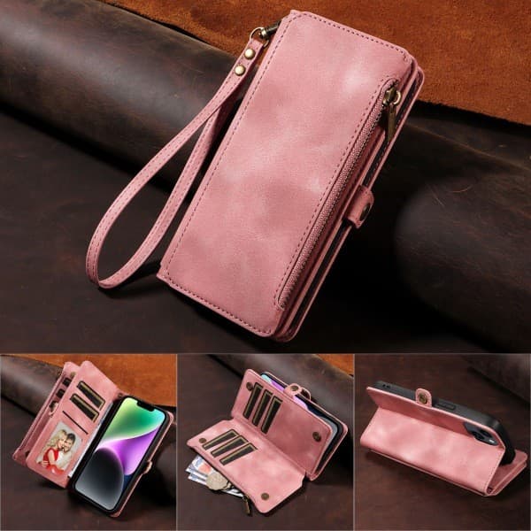 IC Apple iPhone 15 -kotelo vetoketjullisella lompakolla, pinkki iPhone 15 Pro