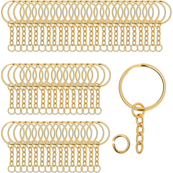 100 kappaleen pakkaus 25 mm avainrengas ketjulla Avaimenperät halkeavilla renkailla avaimille, askarteluun, korujen valmistukseen, ruostumaton metalli (hopea) Golden