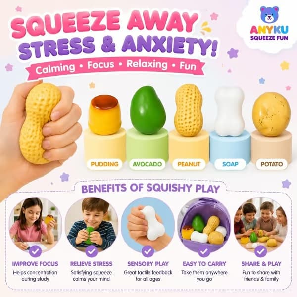 5-pack krispiga klämleksaker Slushy Squeeze Stressboll Matleksak Jordnötspudding Potatis Mango Tvål Pärlfylld ASMR Realistisk Icke-studsande Formbar