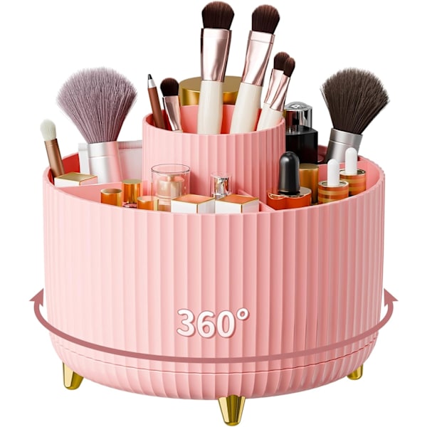 360° roterende penneholder, skrivebordsarrangører med 5 rum blyantsarrangør, kunstforsyningsopbevaringsboks Caddy til hjemmekontorartikler Desktop oprydning Pink
