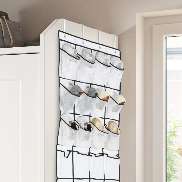 24 Large Pockets Over the Door Shoe Storage Organiser Hanging Shoe Organiser Mesh Hanging Shoe Storage Hanging Shoe Rack for Men Women , White