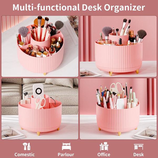 360° roterende penneholder, skrivebordsarrangører med 5 rum blyantsarrangør, kunstforsyningsopbevaringsboks Caddy til hjemmekontorartikler Desktop oprydning Pink