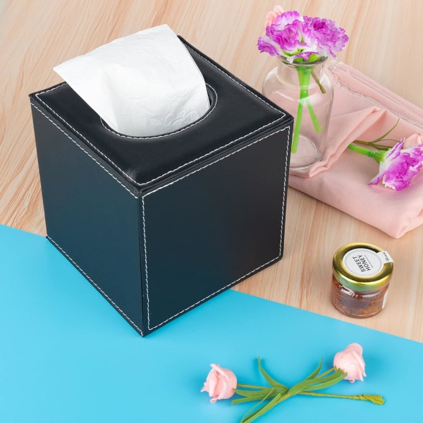 Tissue Box-hållare, Tissue Box Cover Servetthållare PU Läder Tissue Dispenser Ansikts Tissue Box för hemmakontor Bil Tissue Cover (svart)