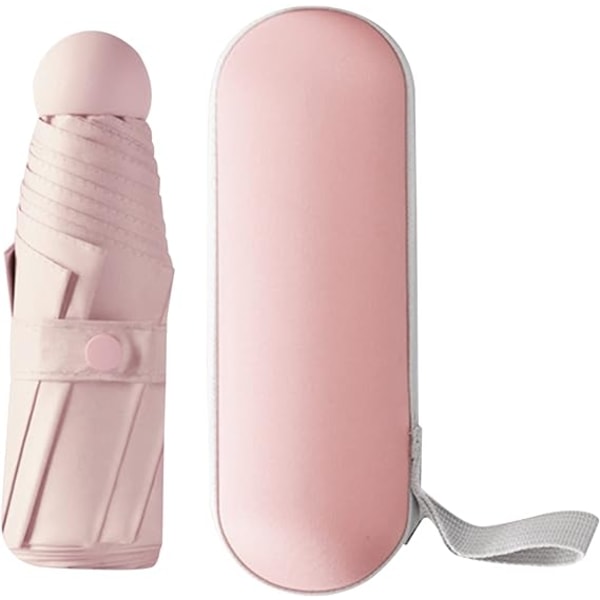 Sammenleggbar paraply, 6 ribber mini paraply liten paraply med kapsel etui mini anti-UV paraply rask tørking og ultra lett kompakt (rosa)