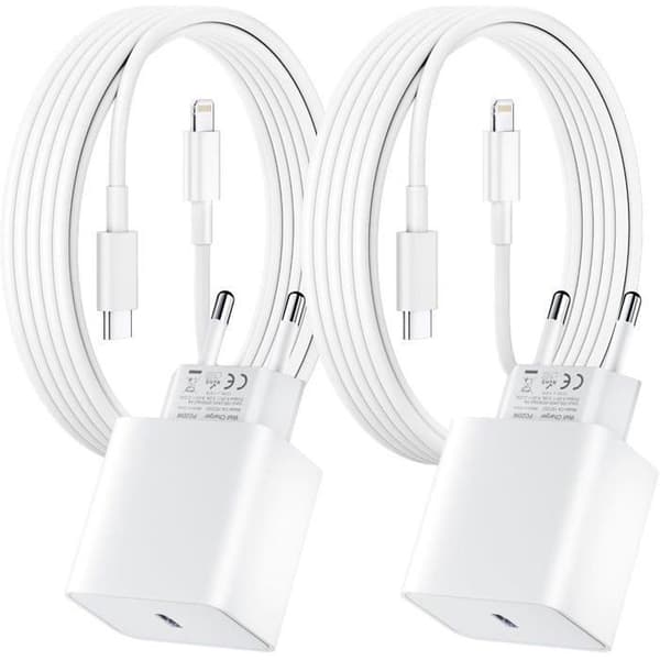 2-pakning iPhone hurtiglader – 20W PD USB-C veggplugg med 2m USB-C til Lightning-kabel for iPhone 14/14 Pro/13/13
