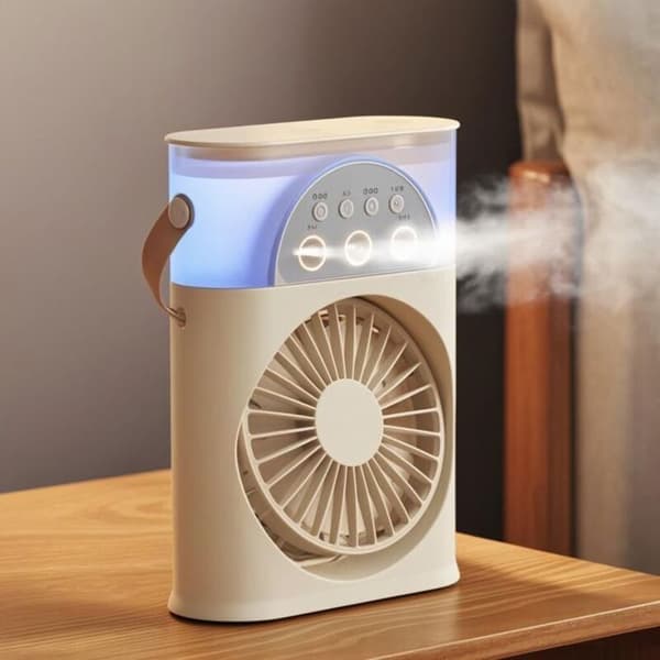Liten multifunksjonell bærbar tåkefan (3-hulls design, direkte strøm, 3 vindhastigheter, beige)