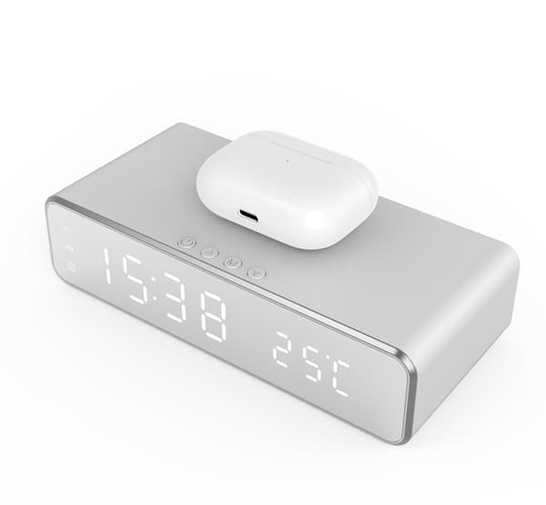 Digital LED vækkeur med trådløs oplader/termometer Sølv