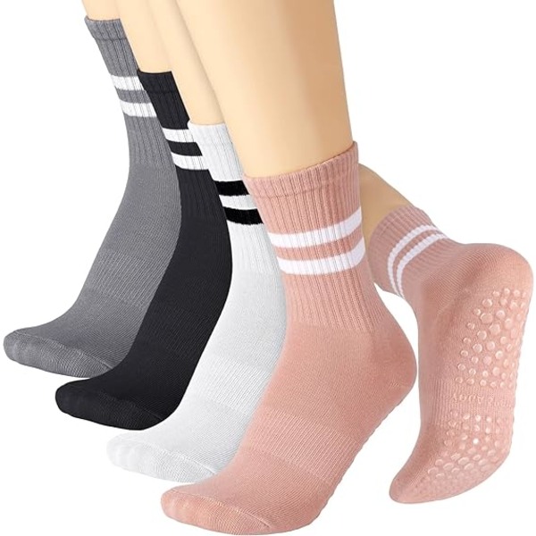 4 paria liukumattomia joogasukkia kahvoilla naisille Pilates Grips -sukat Joogasukat kahvoilla Naisten pitkät Pilates-sukat Jooga-sukat Liukumattomat sukat