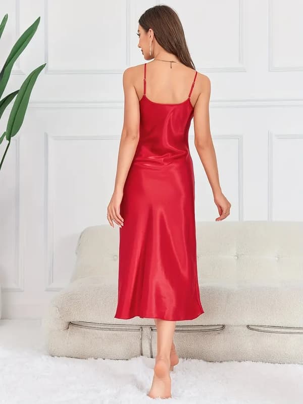 Solid Satin Slip Nattlinne, Elegant V-ringad Rygglös Spaghettiband Nattklänning, Dam Sovkläder & Klänningar Röd Röd 2XL Red 2XL