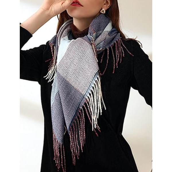 Dame Imitation Cashmere Sjal - Vinter Lang Blød Varmt Tartan Tassel Sjal Sjal til Damer, Tassel Sjal Sjal Gaver til Kvinder (Mørkeblå Lilla)