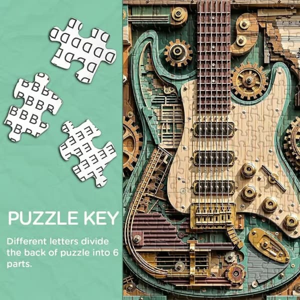 Gears & Strings 1000-brikkers Steampunk Gitarpuslespill, Vintage Gitar 1000 brikkers puslespill som hjemmeinnredning, 1 stk