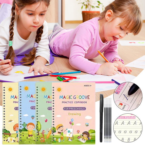 Børns kalligrafi øvelsesbog, forsvindende håndskrift (fire kopibøger + penneholder + erstatningskerne + penneholder) - Engelsk English