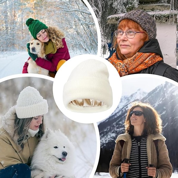 Satinfodrade vintermössor, satinfordrad beanie vintermössa, stickad klockhatt med silkefoder, silkefodrad slouchy beanie, unisex enfärgad skullcap White
