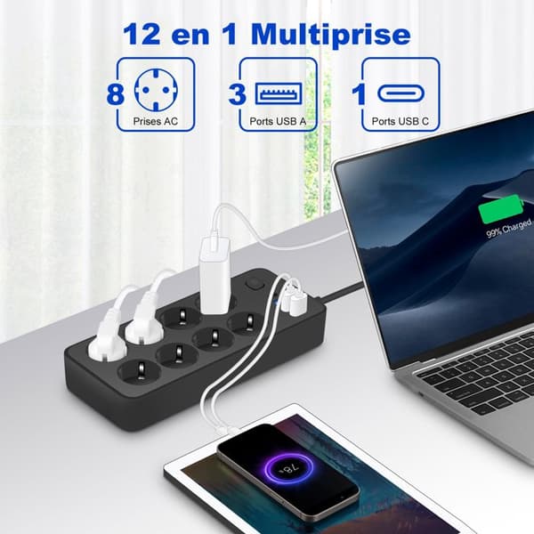 Strømuttak med bryter - UPLAYTECK - 12 uttak - 8 EU-uttak - 3 USB-A-porter - 1 USB-C-port