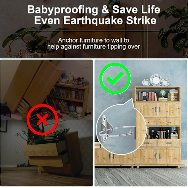Møbelankre til Babysikring, Jordskælvsbånd Anti-Tip Møbelanker Sikring Hold Baby Kæledyr Sikkerhed Forhindre Faldende Møbler Silver 10pcs