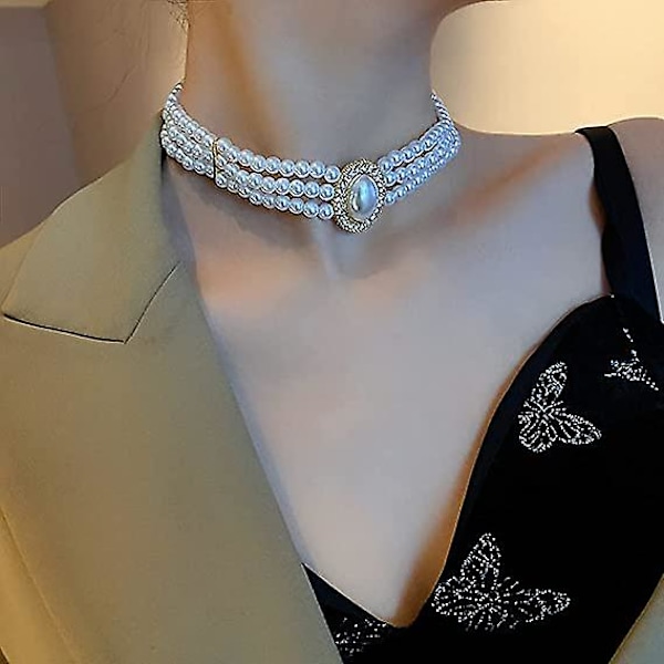 Multi-række perlehalskæde Simulerede perlekvælere 20'er-flapperhalskæde Funklende rhinstenperler Choker