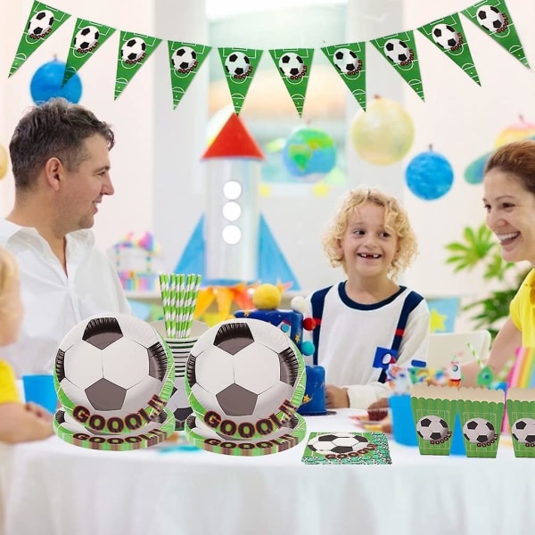 Fotbollsfesttillbehör Set, porslin födelsedagsfest porslin inklusive banderoll papperstallrikar koppar servetter bordsdukar för barn Vuxna Sporttema fotboll