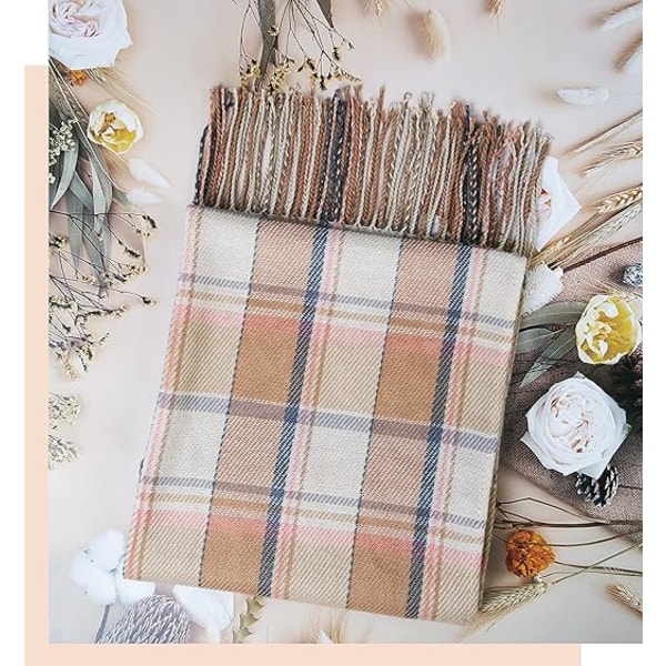 Mote-sjal og skjerf for damer, vinter-skjerf, pledd-skjerf for kvinner, tartan-skjerf, gaver til damer (Beige+Gult)