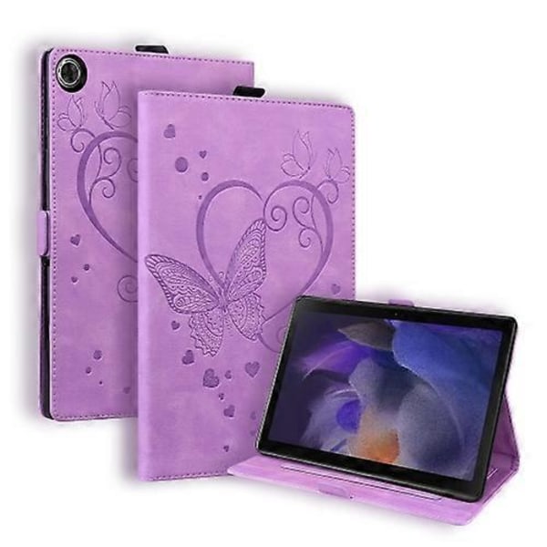Samsung Galaxy Tab A9:lle suunniteltu nahkainen tabletin suojakotelo, jossa on rakkausperhonen-reliefikuvio Purple