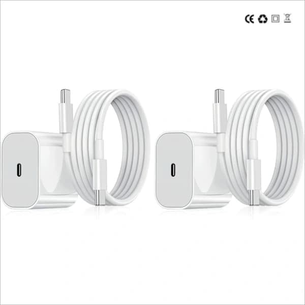 Lader - 20W USB-C Hurtiglader - Adapter + 2-meter Datakabel (Hvit, 2-pakning) 2-Pack USB-C