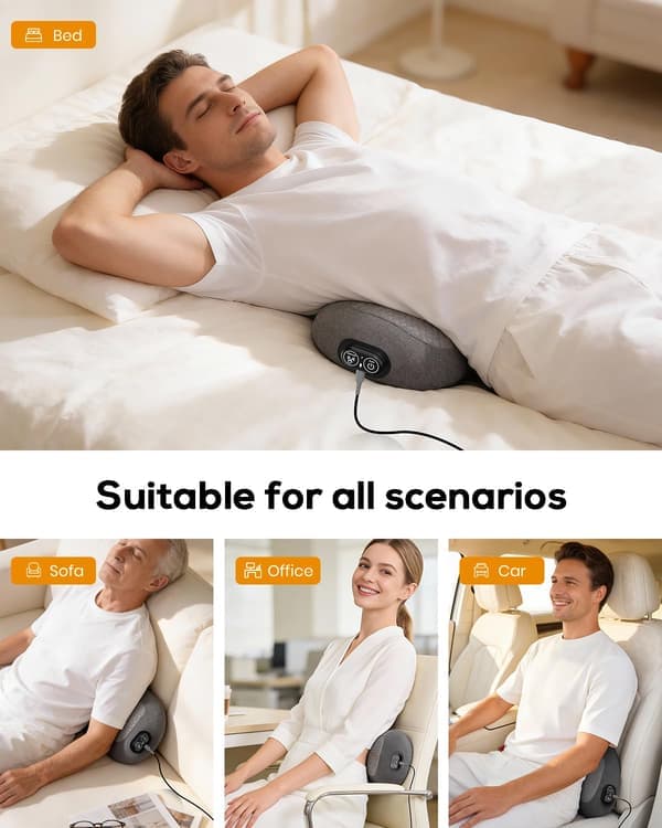 [RM]3-i-1 Rygmassager med Varme Vibration Stræk, Ergonomisk Memory Foam Lændestøttepude til Seng Stol, Afslapningsgave til Grå