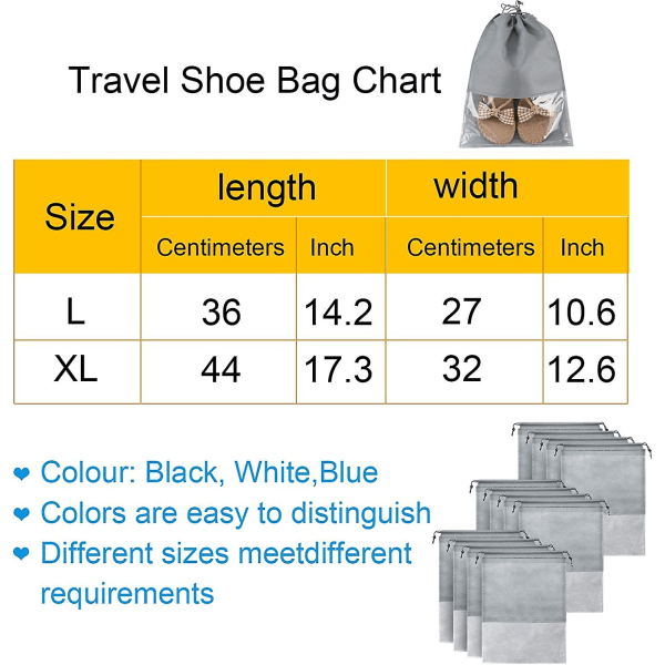 12 stk. reisesko-oppbevaringspose i non-woven stoff, bærbar skopose med gjennomsiktig vindu, kompatibel med daglig og reisebruk