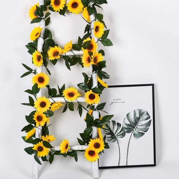 3-pak kunstig solsikkekrans Silkesolsikkevin kunstige blomster med grønne blade til bryllupsbordsindretning