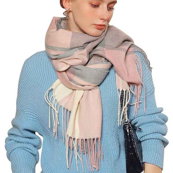 Vinter Damer Lange Bløde Varme Halstørklæder, Spindende Kvast Sjal, Tartan Ternet Halstørklæde Tæppe Julegaver til Dame Kvinder Piger (Pink Blå)