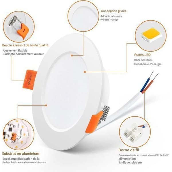 Extra Platta Infällda LED-spotlights - 6W - Neutralvit 4000K - Φ70-85mm Hål - 10-pack - För Kök, Vardagsrum, Hall