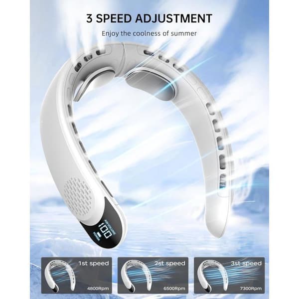 Bærbar halsventilator - Attraktivt design - LED-display - 3 hastigheder - 4000 mAh batteri