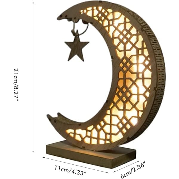 3D Ramadan-lampe i tre, håndlaget Måne Stjerne LED-lysdekorasjon, Ramadan Mubarak Lampepynt, Eid-pynt Gave -DQ