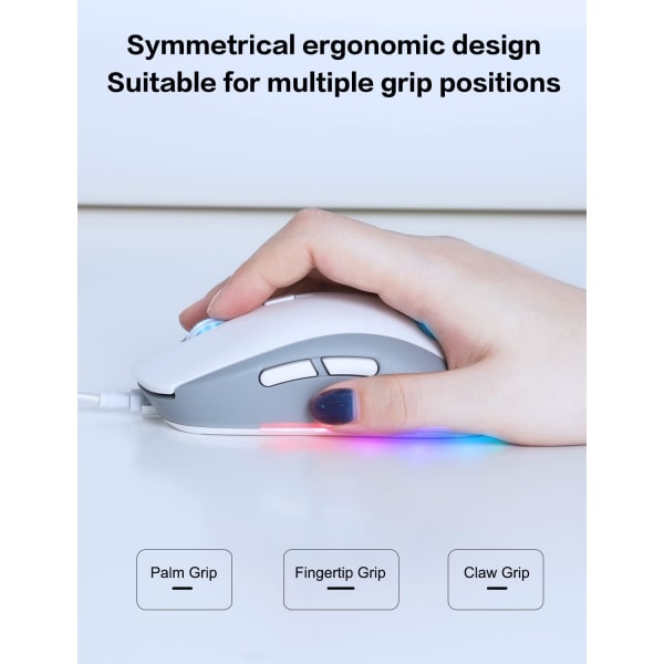 Katt tass RGB spelmus, tyst optisk datormus USB-kabel med 6 justerbar DPI upp till 7200, RGB-belysning, 6 programmerbara knappar, vit