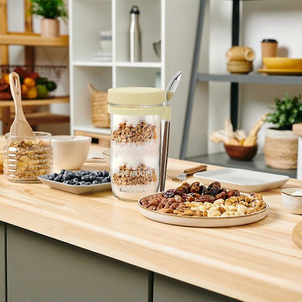 Glasbehållare för Havregryn med Sked - 350ml Flerfärgad 30 cl Mason Jar med Bred Öppning för Overnight Oats, Flingor, Yoghurt - Lufttät Förslutning och Läcksäkert Lock Grey 600ML