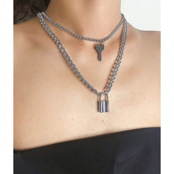 Lås nøkkel anheng halskjede statement lang kjede punk flerlags choker halskjede for kvinner menn