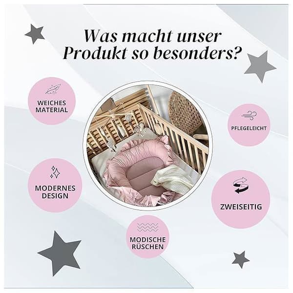 Babybedreduserer med volanger – Vaskbart babynest/kokong i ren bomull (55 x 85 cm) – Hvit Blanc