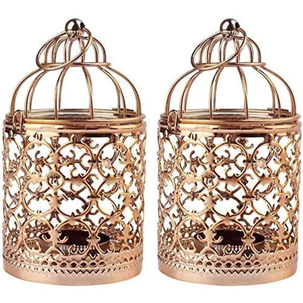 2-pack hängande fågelburslykta, vintage metall värmeljus dekorativ ljushållare dekoration fågelbur för bröllopsfest Hem Rose Gold