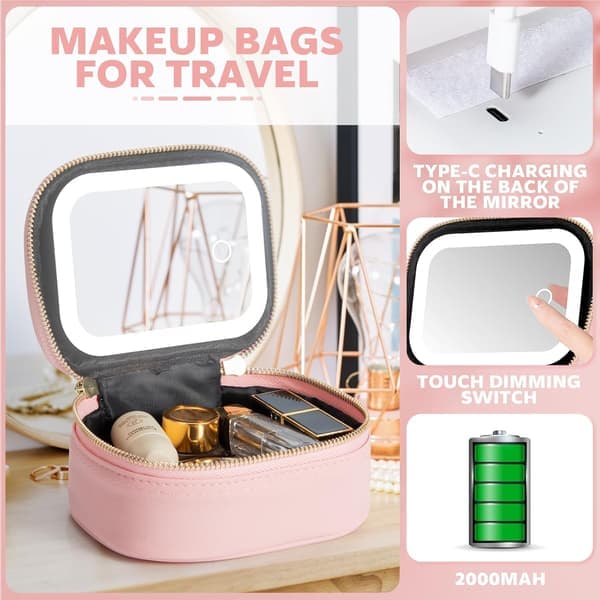 Mini makeuptaske med 3-mode LED-spejl - Bærbar justerbar lysstyrke kosmetikarrangør til polfest, arbejde og touch-ups Pink