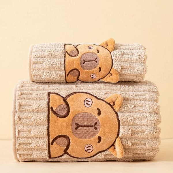 Sæt med 2 Capybara badehåndklæder, ultrablødt koralfleece, absorberende og fluffy, til børn og voksne (gul)